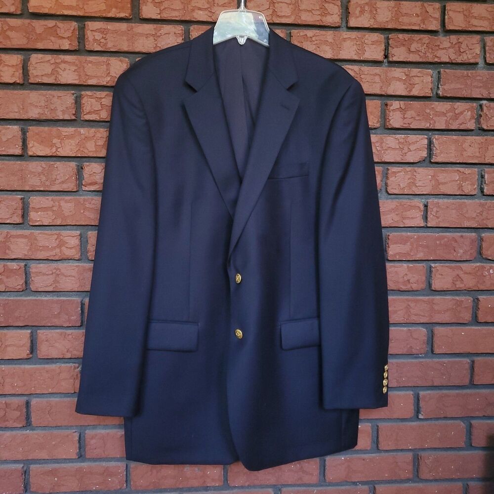Lauren Ralph Lauren Size 42L Navy Blue Wool Blazer Sport Jacket Gold Buttons